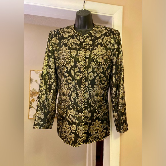 Vtg Evan Picone Lord & Taylor BLACK & GOLD  Jacquard Brocade BLAZER Jacket Sz 8 - Picture 2 of 8